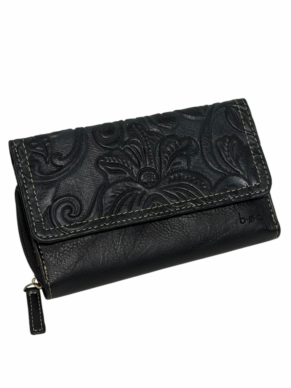 b.o.c. Black Leather Tooled Trifold Wallet - Like New